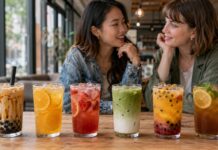 6 Top Bubble Tea & Iced Tea Spots Reinventing Britain’s Favourite Drink Six colourful bubble tea and iced tea drinks displayed in a modern British café
