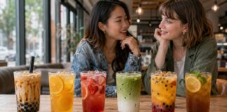 6 Top Bubble Tea & Iced Tea Spots Reinventing Britain’s Favourite Drink Six colourful bubble tea and iced tea drinks displayed in a modern British café