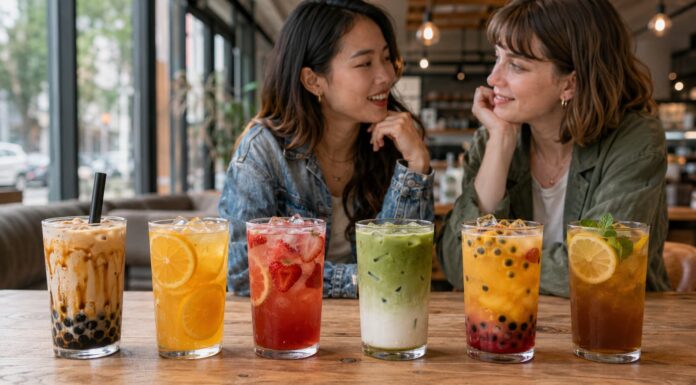 6 Top Bubble Tea & Iced Tea Spots Reinventing Britain’s Favourite Drink Six colourful bubble tea and iced tea drinks displayed in a modern British café