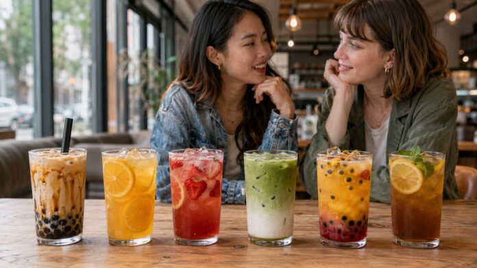 iced_tea Six colourful bubble tea and iced tea drinks displayed in a modern British café
