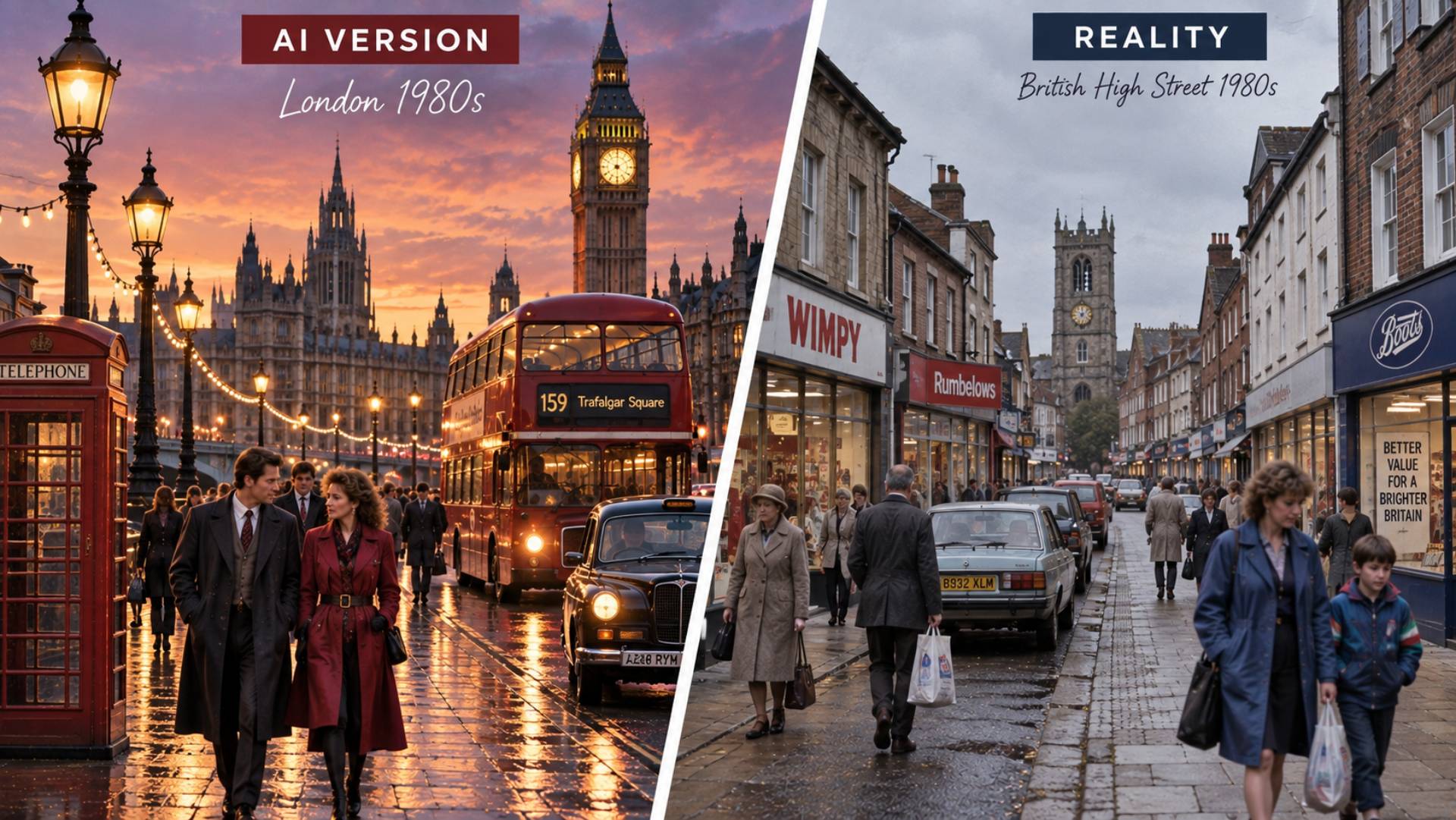 Real British 1980s street compared with an AI-generated version
